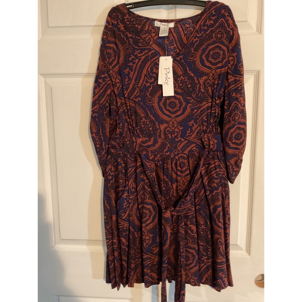 Pinky Women Navy Rust Paisley V-Neck Tie Waist Pocket Dress 7R7259-BK Size M NEW
